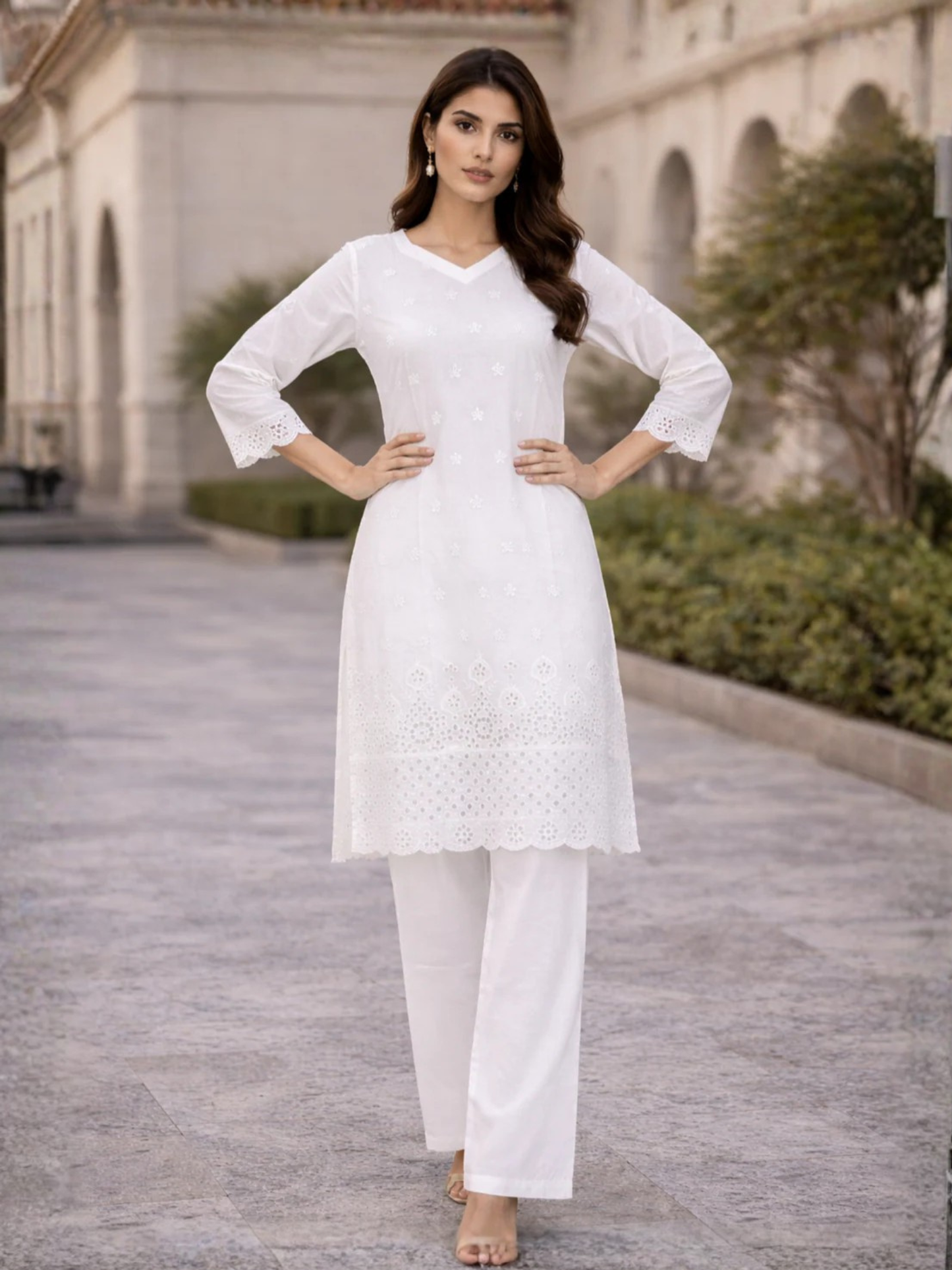White HEM Cotton Embroidered Stitched 3-Piece Suit-Dya