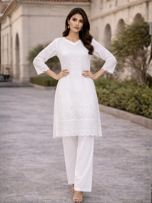 White HEM Cotton Embroidered Stitched 3-Piece Suit-Dya