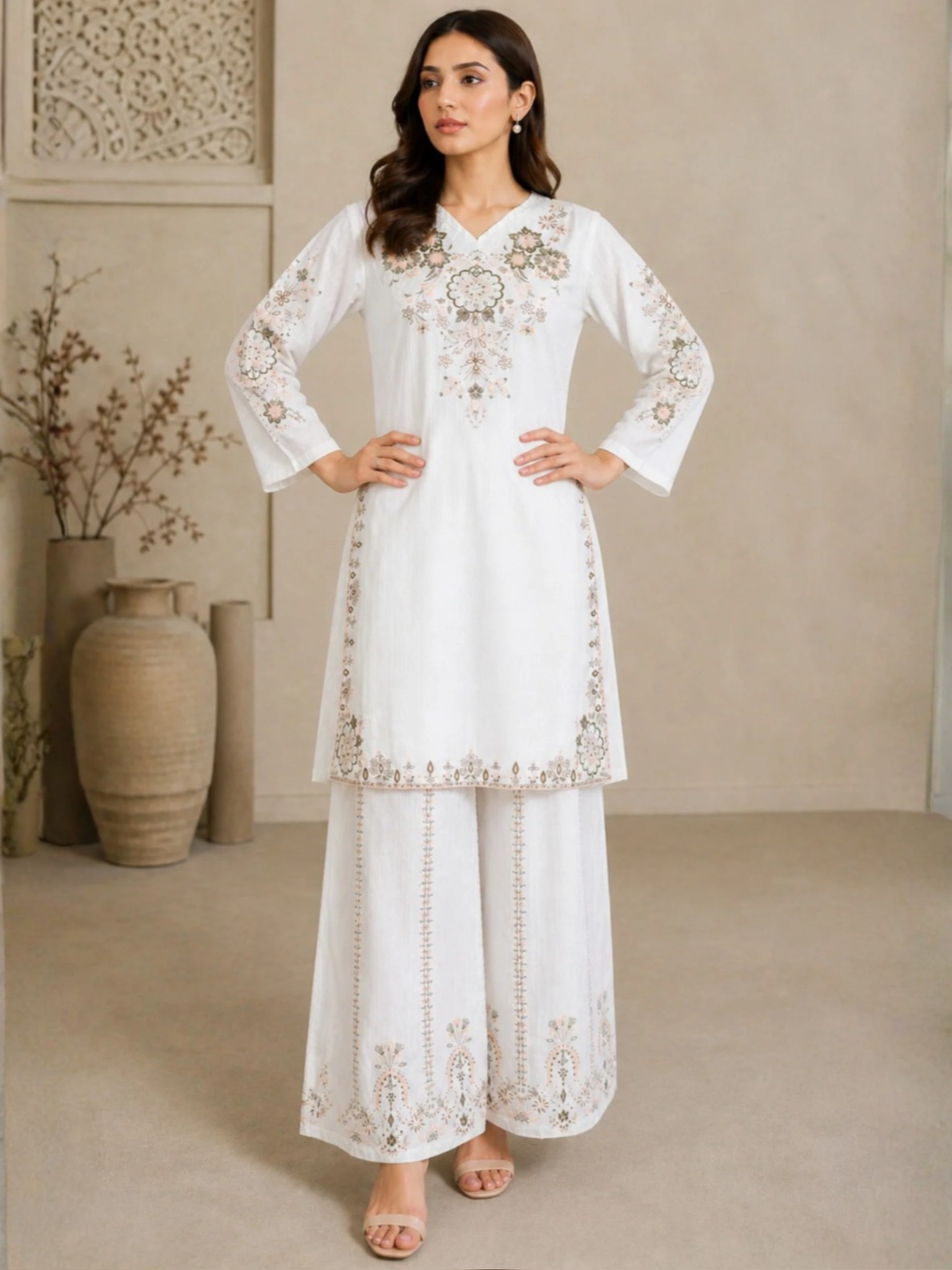 White HEM Cotton Embroidered Stitched 3-Piece Suit-Ayzal White
