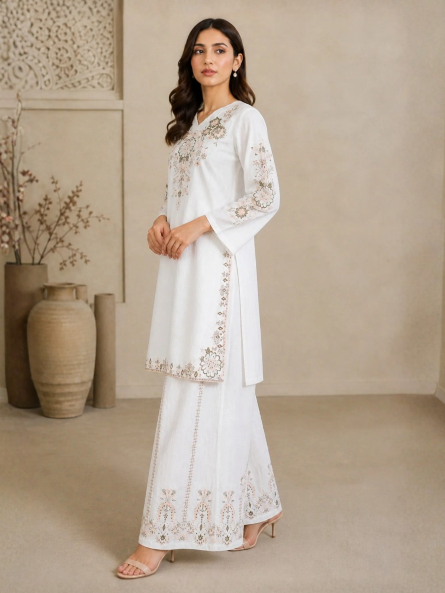 White HEM Cotton Embroidered Stitched 3-Piece Suit-Ayzal White