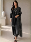 Black HEM Cotton Embroidered Stitched 3-Piece Suit-Ayzal Black