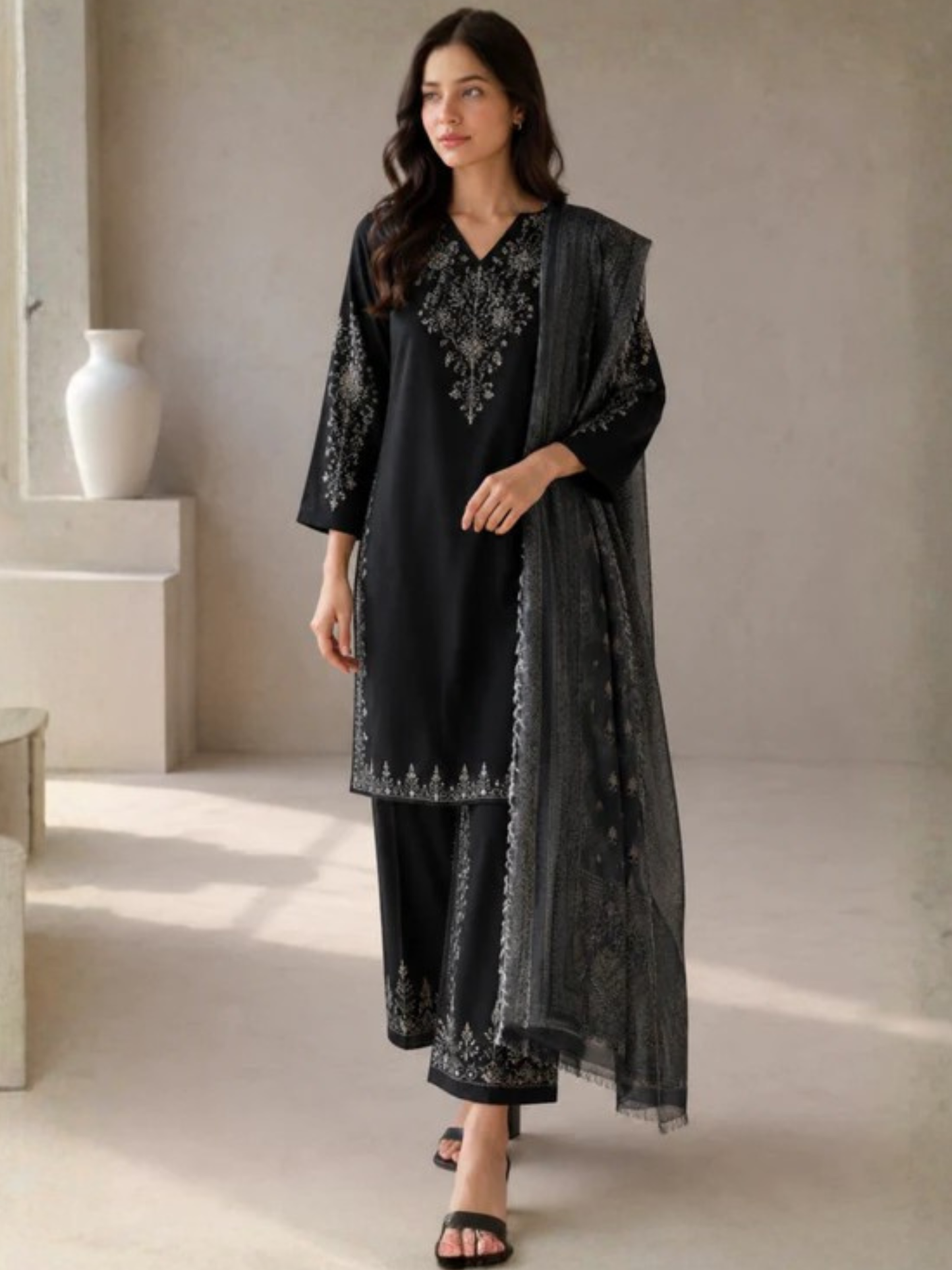 Black HEM Cotton Embroidered Stitched 3-Piece Suit-Ayzal Black