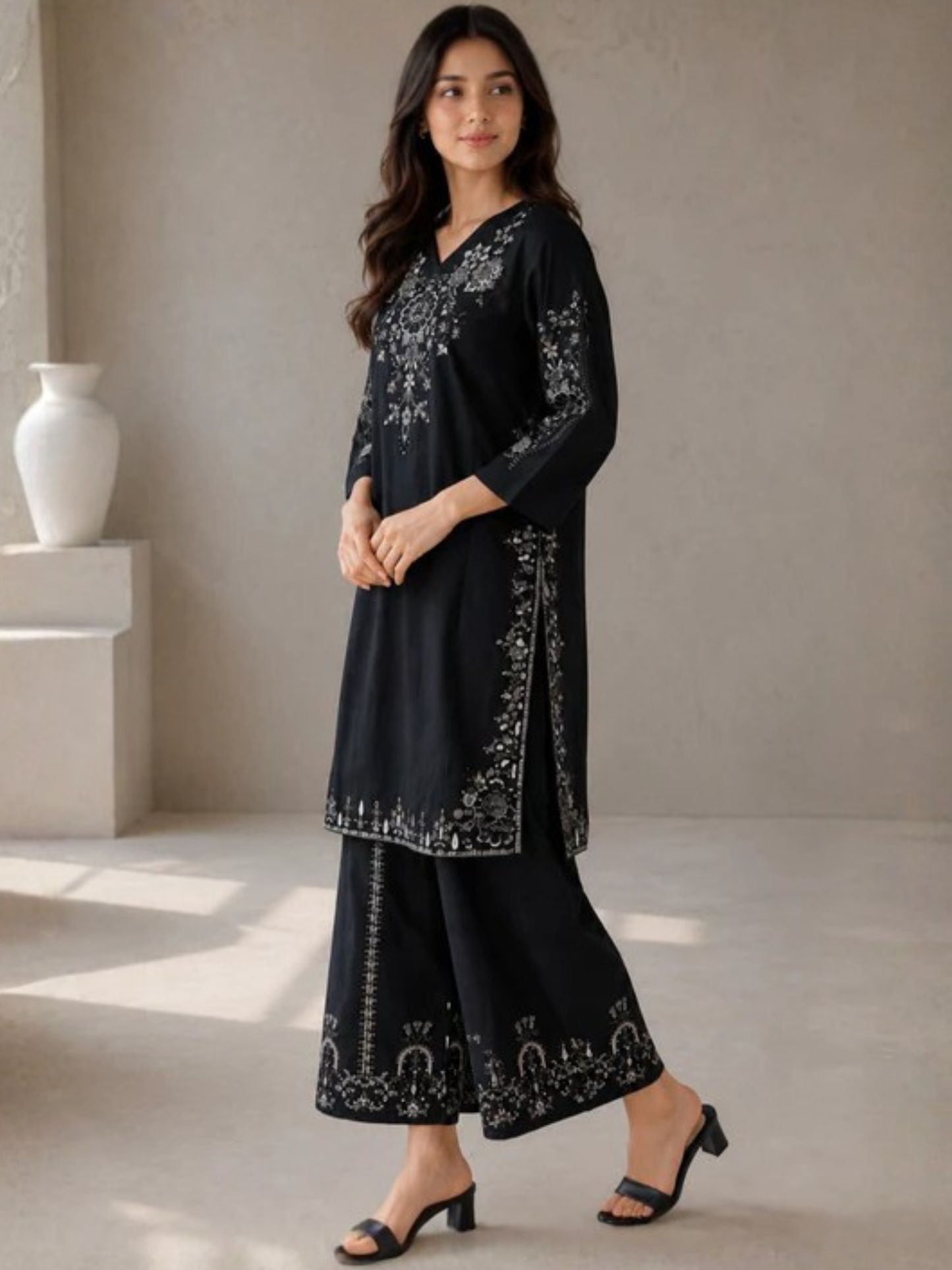 Black HEM Cotton Embroidered Stitched 3-Piece Suit-Ayzal Black