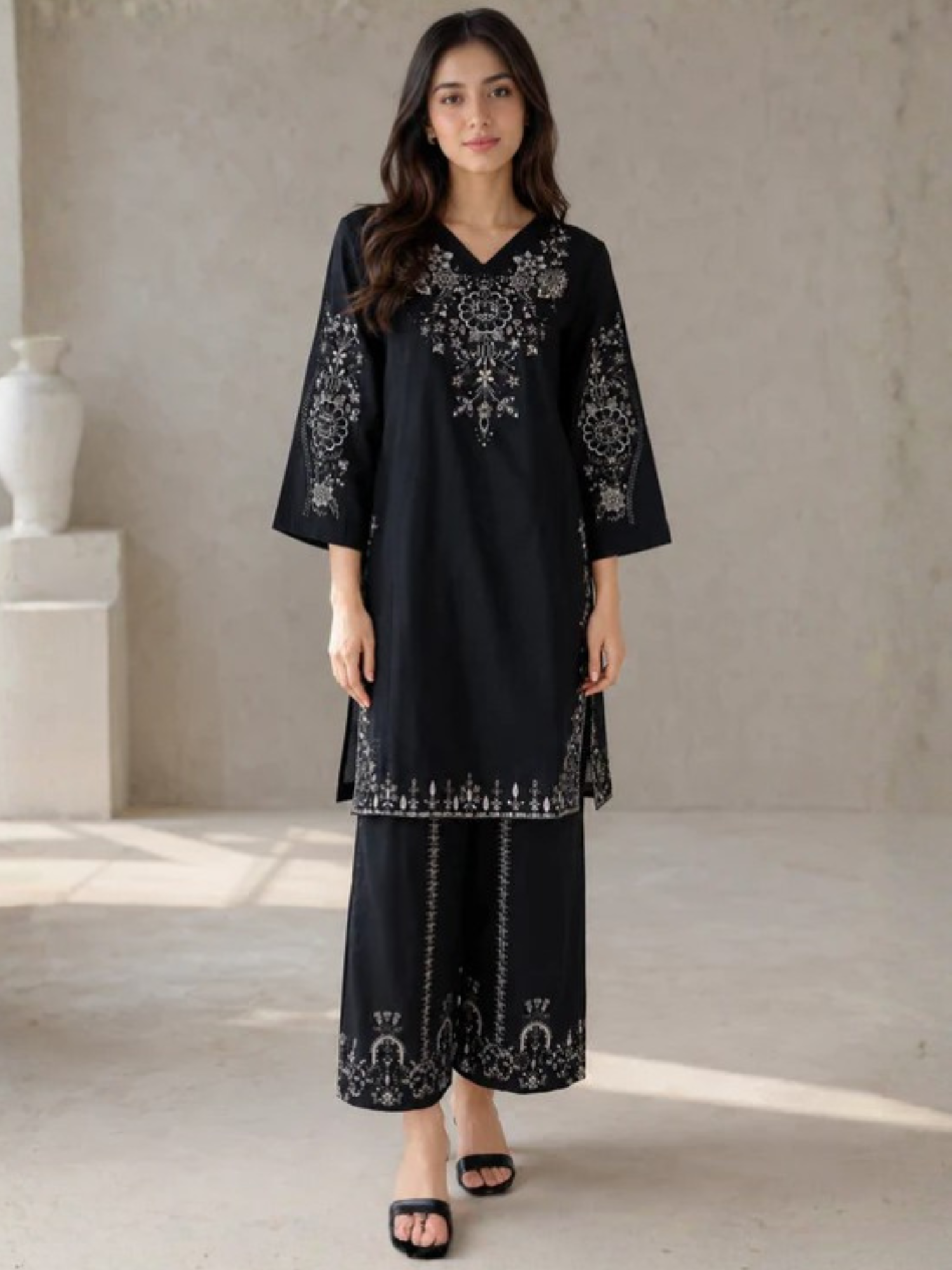 Black HEM Cotton Embroidered Stitched 3-Piece Suit-Ayzal Black