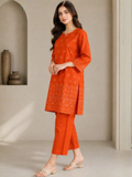 Orange  HEM Cotton Embroidered Stitched 3-Piece Suit-Orange ChikanKari