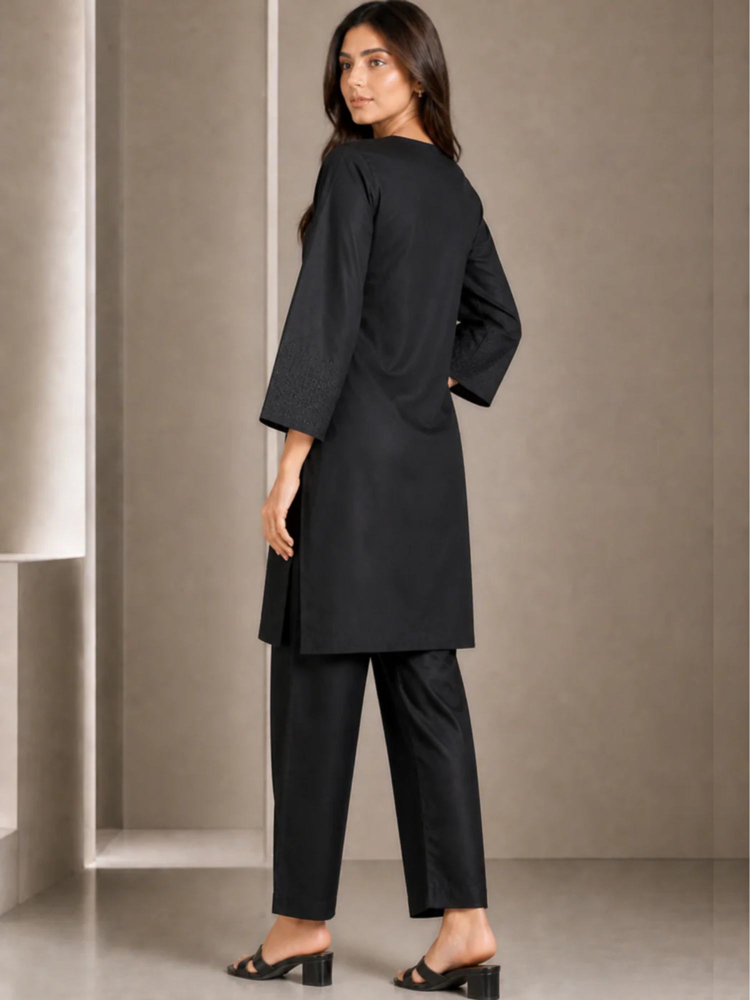 Black HEM Cotton Embroidered Stitched 3-Piece Suit-Black ChikanKari