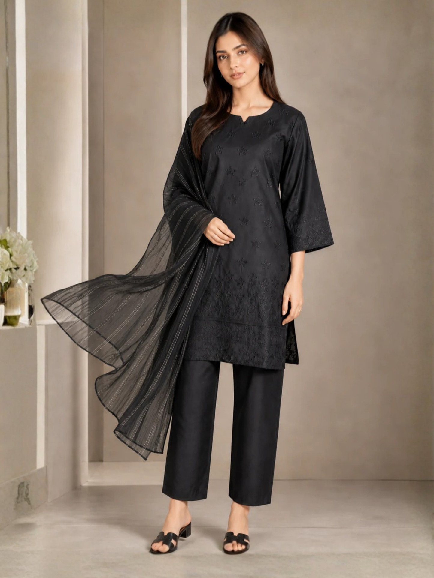 Black HEM Cotton Embroidered Stitched 3-Piece Suit-Black ChikanKari