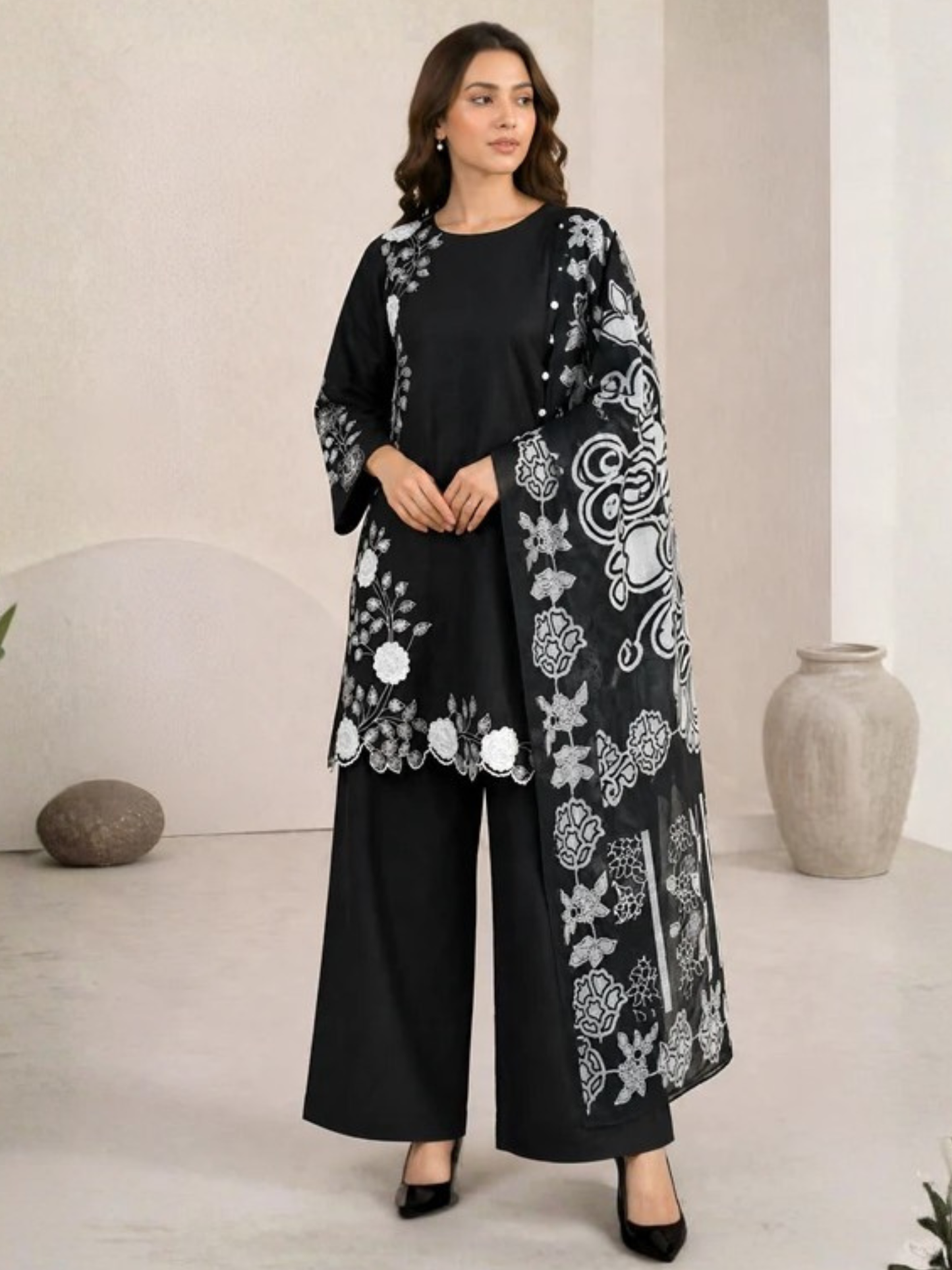 Black HEM Cotton Embroidered Stitched 3-Piece Suit-Loria