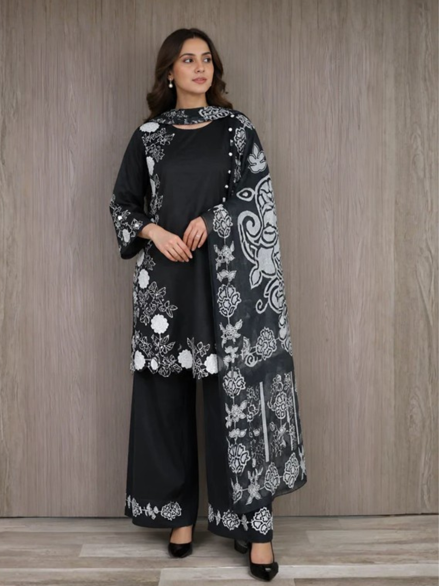 Black HEM Cotton Embroidered Stitched 3-Piece Suit-Loria