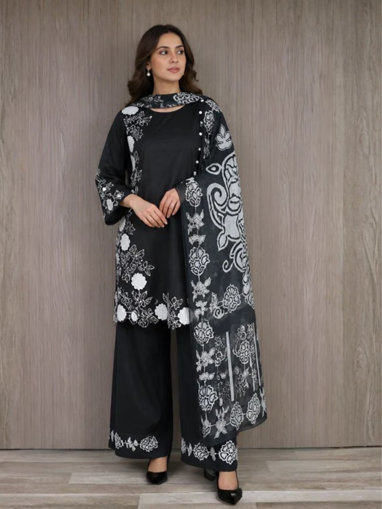 Black HEM Cotton Embroidered Stitched 3-Piece Suit-Loria
