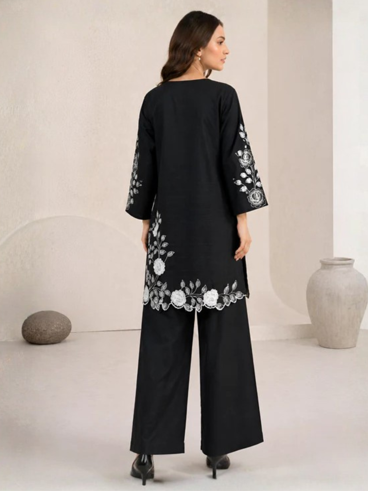 Black HEM Cotton Embroidered Stitched 3-Piece Suit-Loria