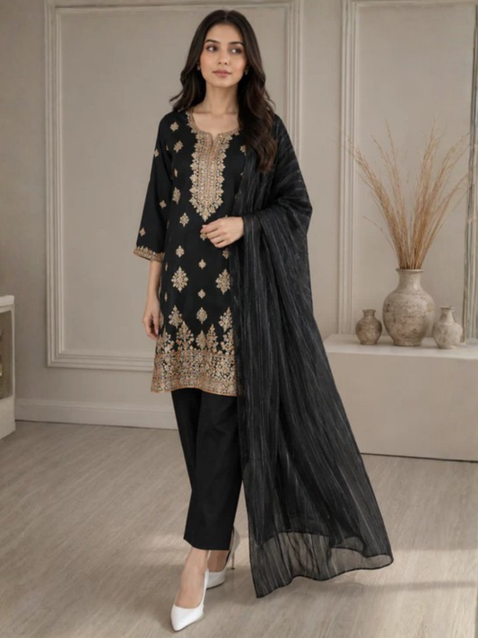 Black HEM Cotton Embroidered Stitched 3-Piece Suit-Zimal