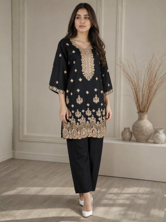 Black HEM Cotton Embroidered Stitched 3-Piece Suit-Zimal