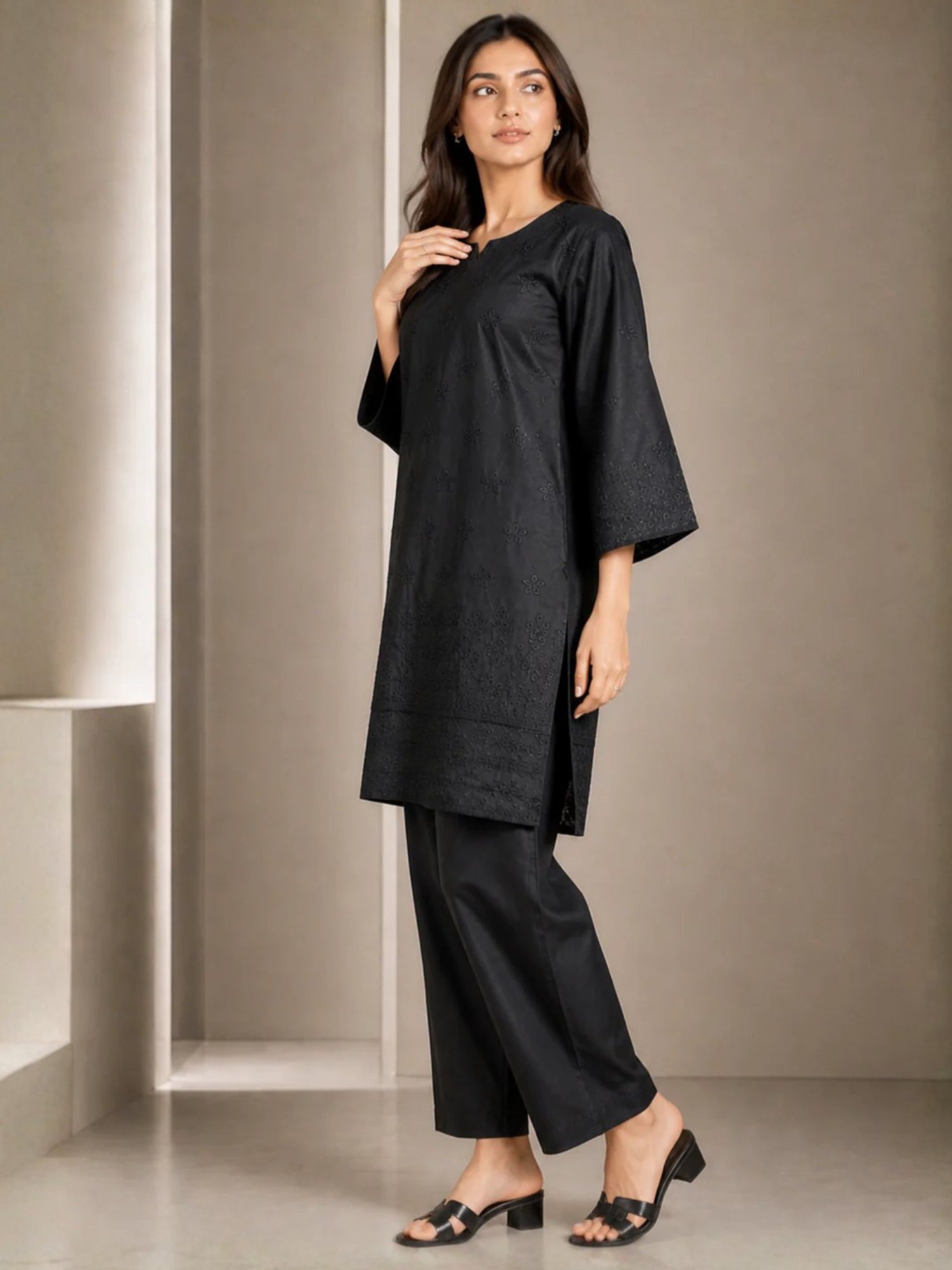 Black HEM Cotton Embroidered Stitched 3-Piece Suit-Black ChikanKari