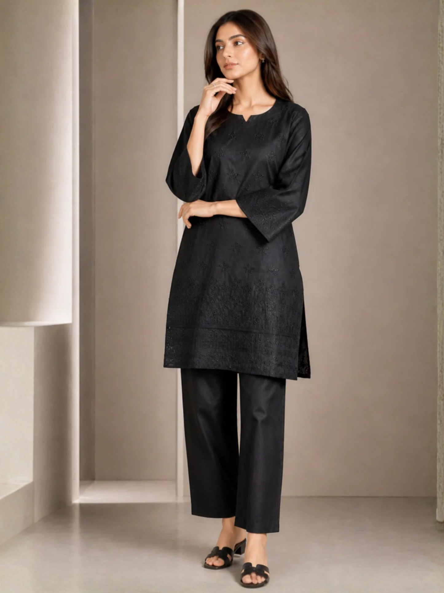 Black HEM Cotton Embroidered Stitched 3-Piece Suit-Black ChikanKari