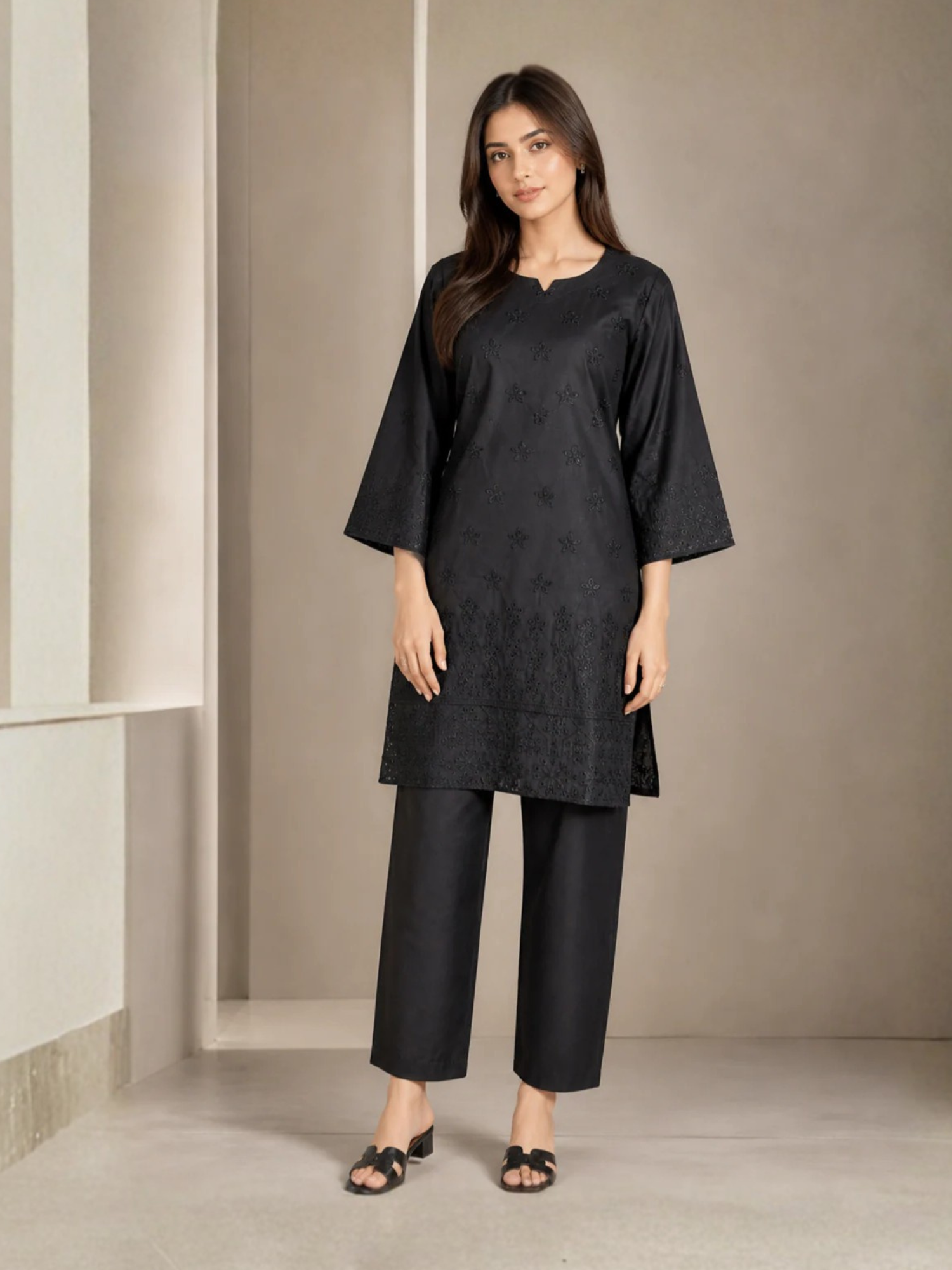 Black HEM Cotton Embroidered Stitched 3-Piece Suit-Black ChikanKari