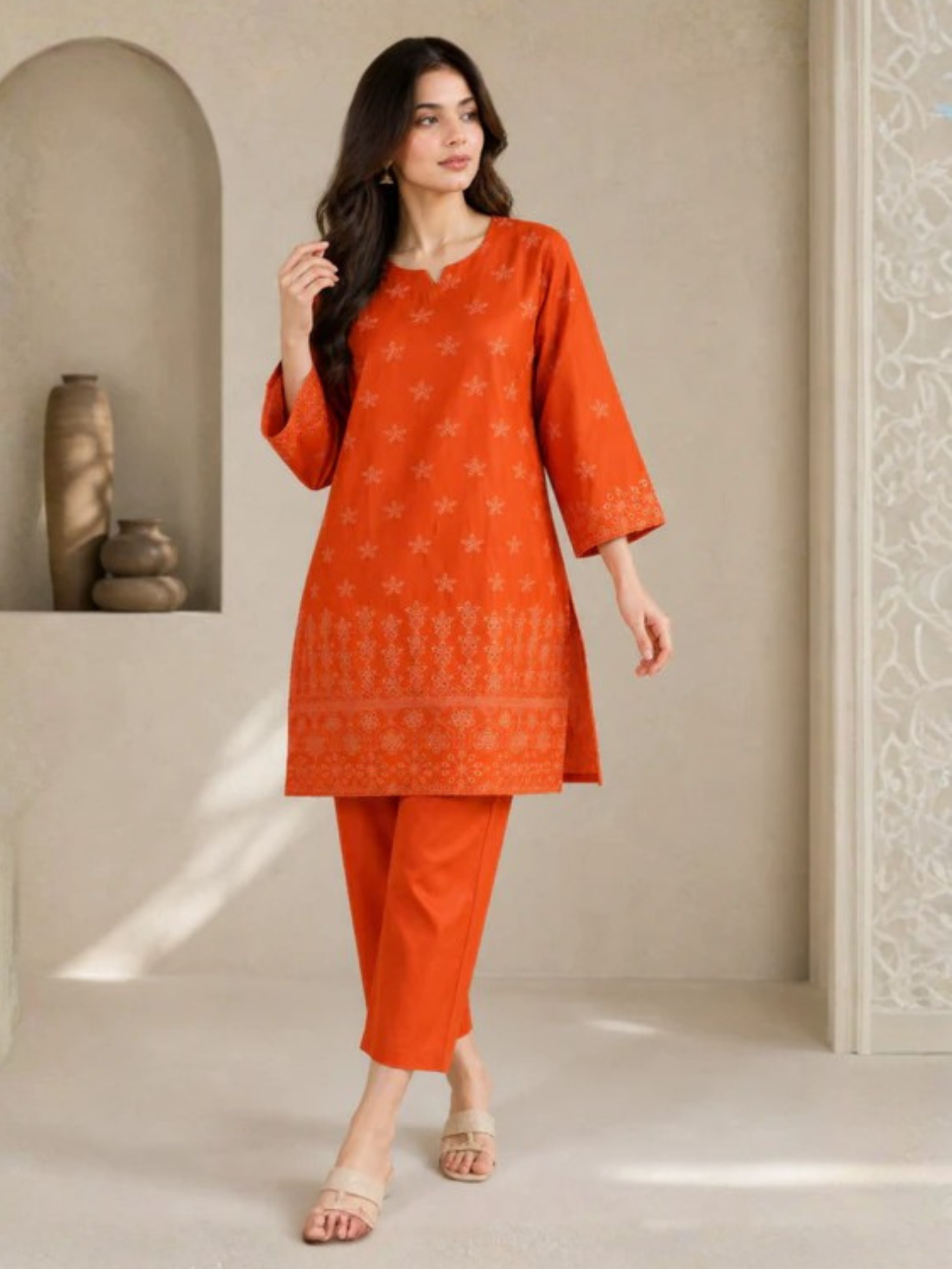 Orange  HEM Cotton Embroidered Stitched 3-Piece Suit-Orange ChikanKari