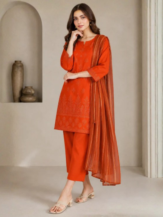Orange  HEM Cotton Embroidered Stitched 3-Piece Suit-Orange ChikanKari