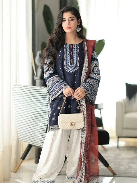 Tehzeeb Libas Lawn Embroidered Stitched 3-Piece Suit-DASTAAN