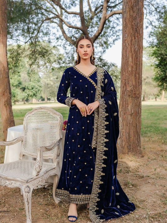 Panache Apparel Velvet Edit Micro Velvet 9000 Embroidered Stitched 3-Piece Suit-Lamisa