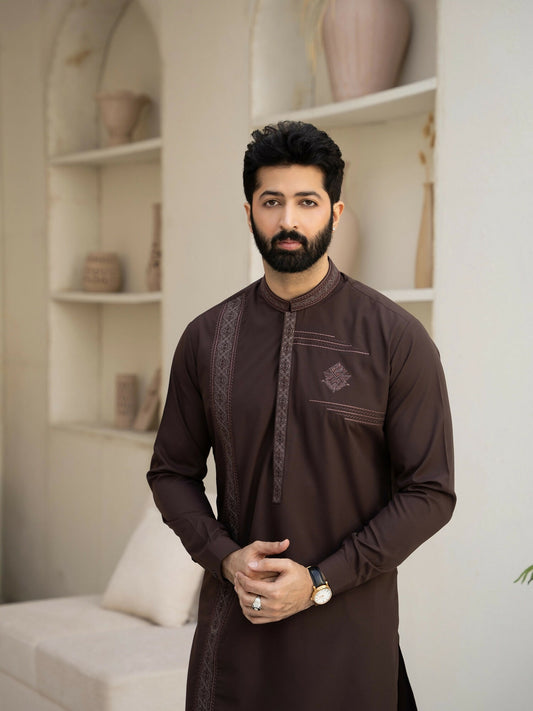 Fabrich Men Wash & Wear Embroidered Unstitched Shalwar Kameez-Brown