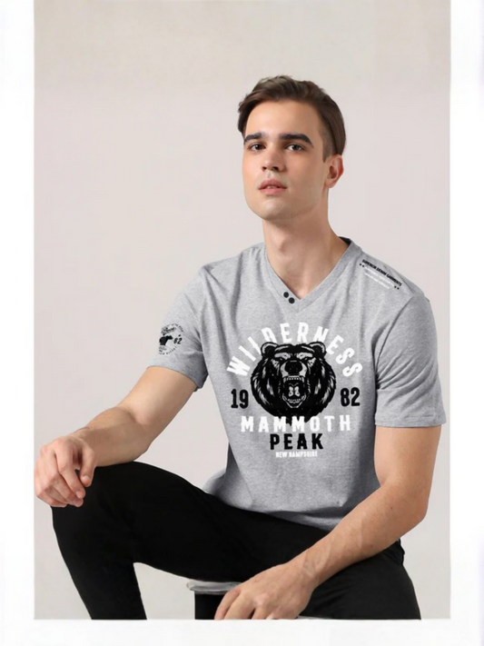 Grey Funky Printed Wilderness V Neck Tee Shirt-14404