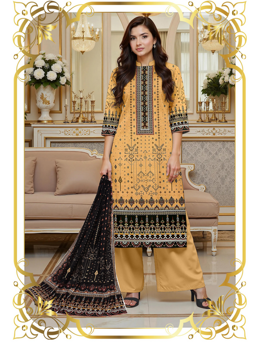 Girl standing wearing a yellow unstitched 3-piece suit with premium printed lawn shirt, slub voile dupatta, styled for versatile summer wear.