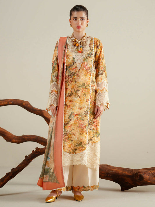 Binilyas Eres Bonita Viscose '25 embroidered unstitched suit with printed shirt, organza lace, silk dupatta, and printed trouser.