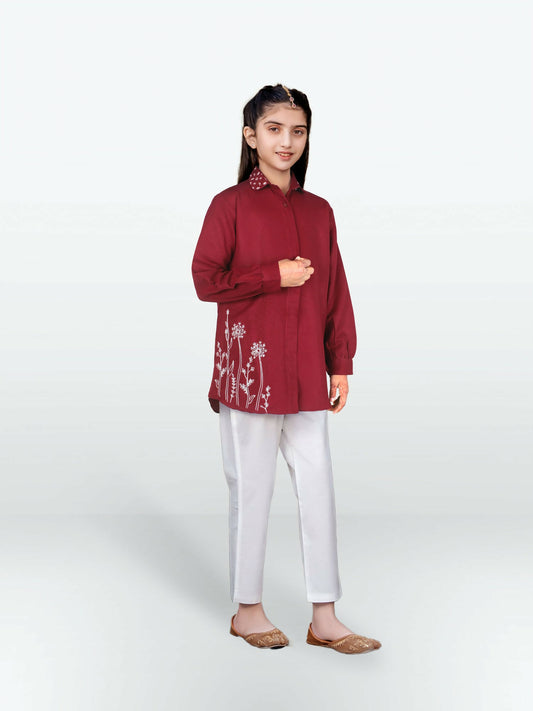 Girl wearing a premium intermixed cotton designer tunic with full sleeves and customized fit, perfect for summer wear