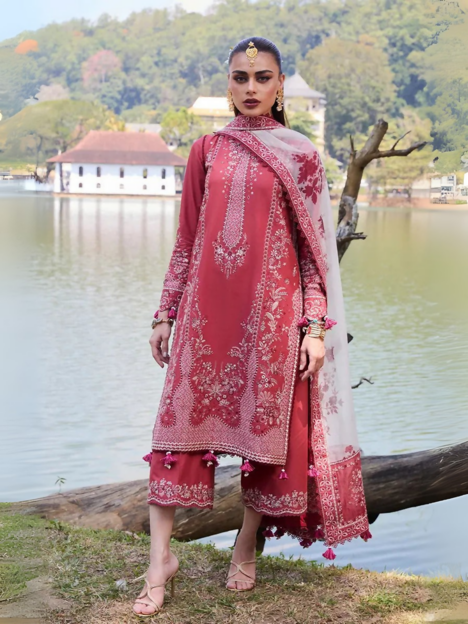 Dark Coral Hussain Rehar Luxury Lawn Embroidered Unstitched 3-Piece Suit-Flair