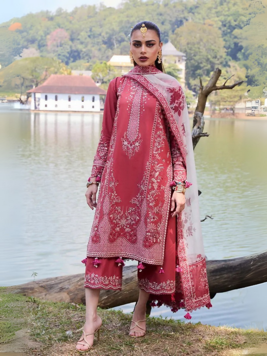 Dark Coral Hussain Rehar Luxury Lawn Embroidered Unstitched 3-Piece Suit-Flair