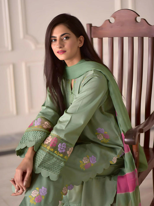 Zeephire Linen Embroidered Stitched 3-Piece Suit-Pista