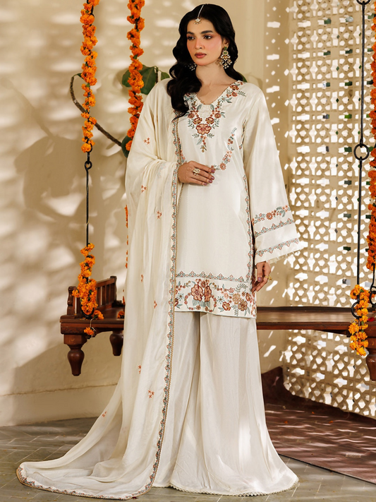 Panache Apparel Noore Eid Edit Sheesha Silk Embroidered Stitched Suit-Farasha