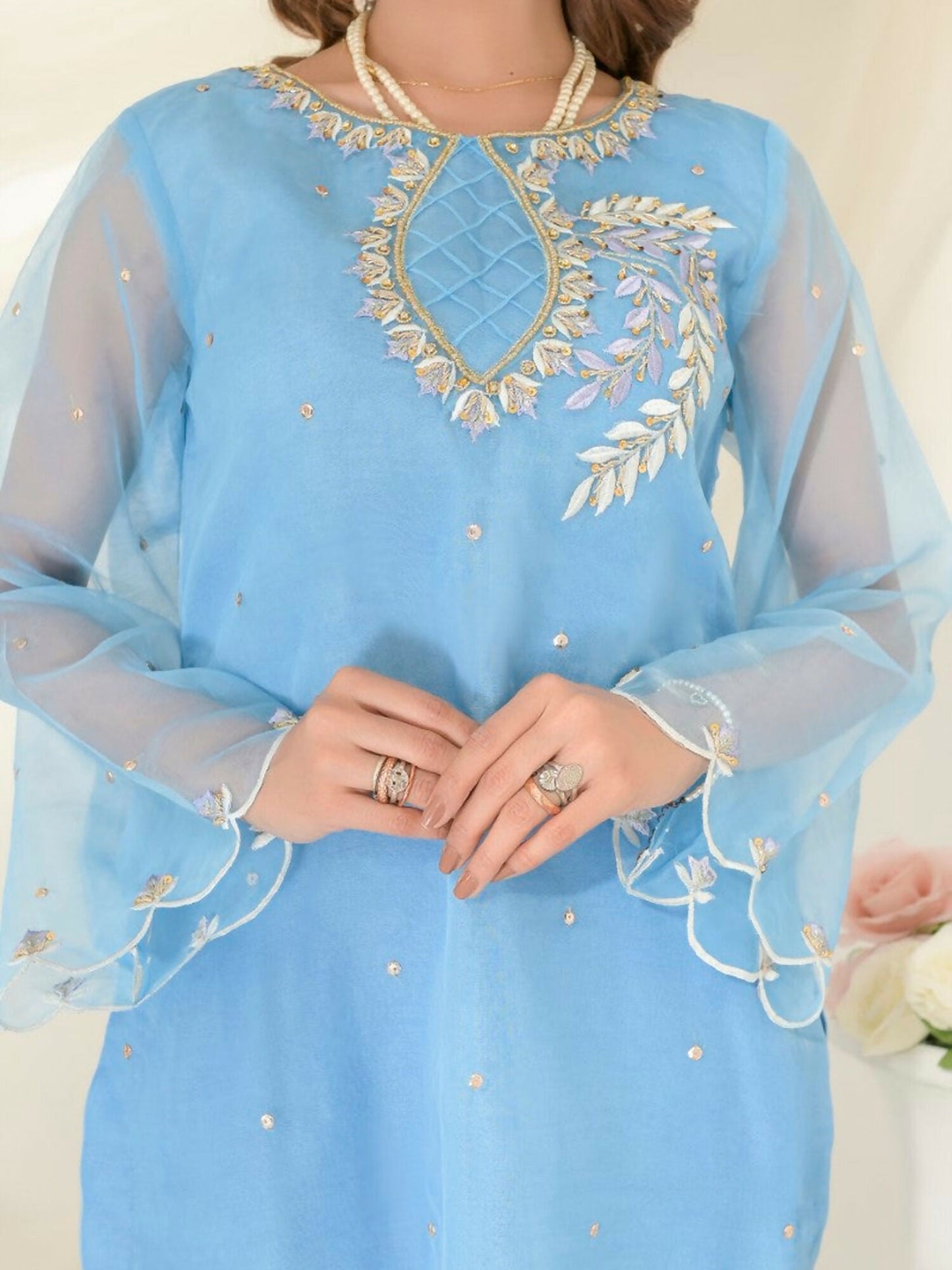 Ruby's Couture Gul-Bahar Organza Embroidered Stitched 3-Piece Suit-Noor Mahal