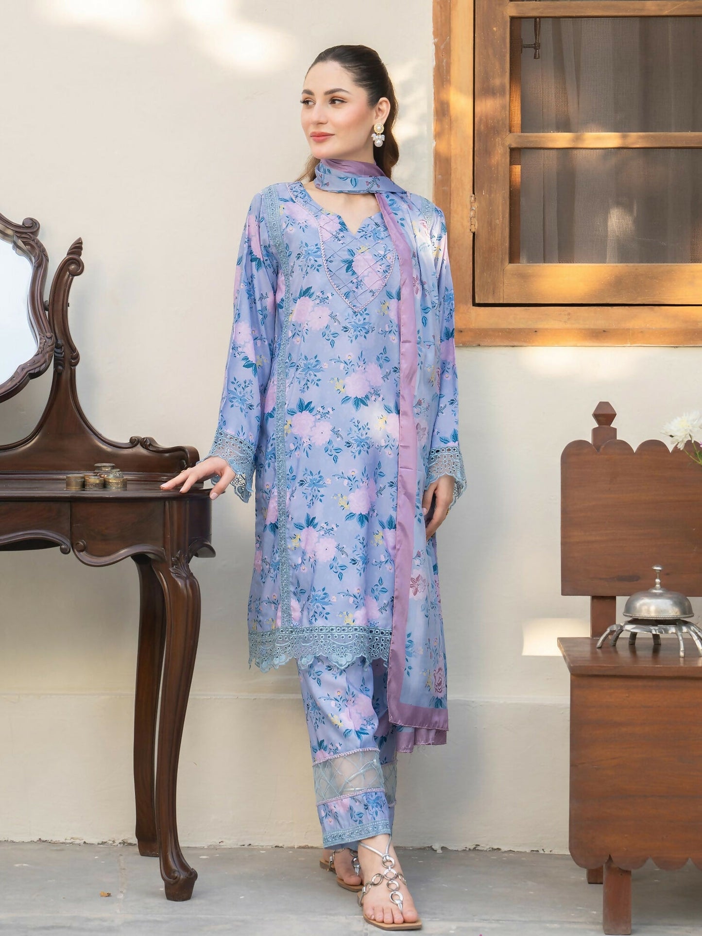 Panache Apparel Raw Silk Printed Stitched Suit-Aeris
