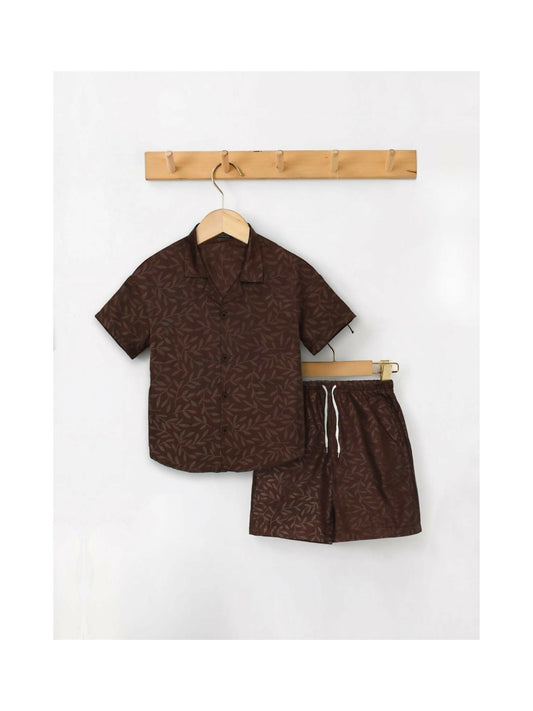 Brown Velvour Boys & Girls Printed Co-ord Set-VC07