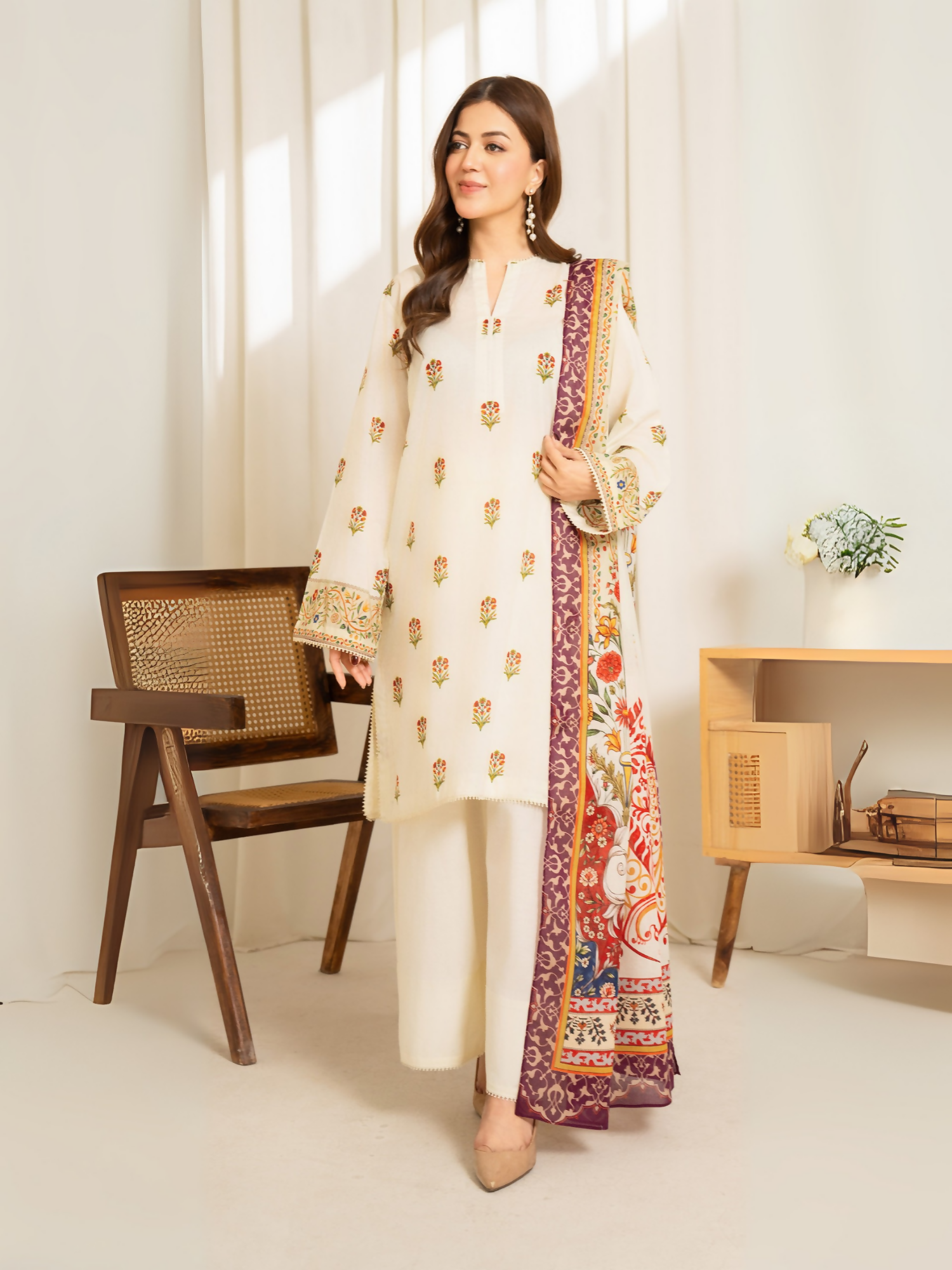 Ivory printed lawn suit with multicolor voile dupatta