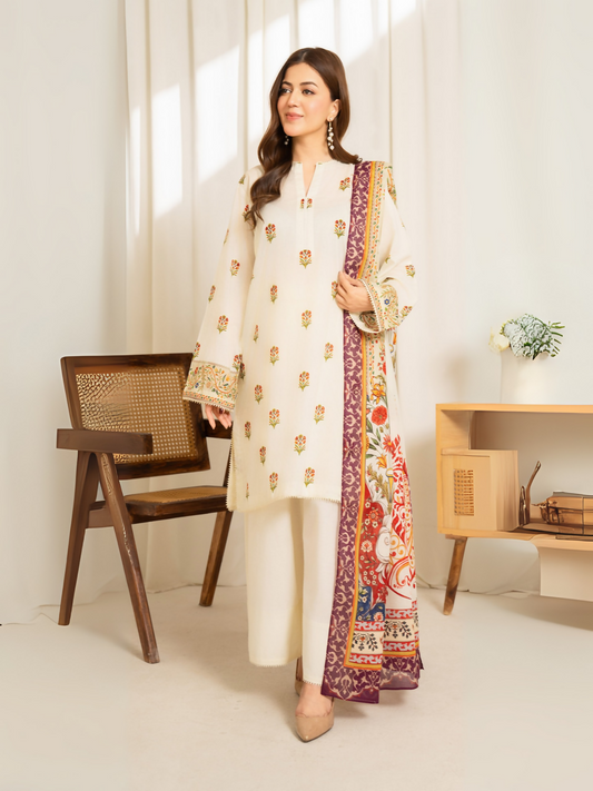 Ivory printed lawn suit with multicolor voile dupatta