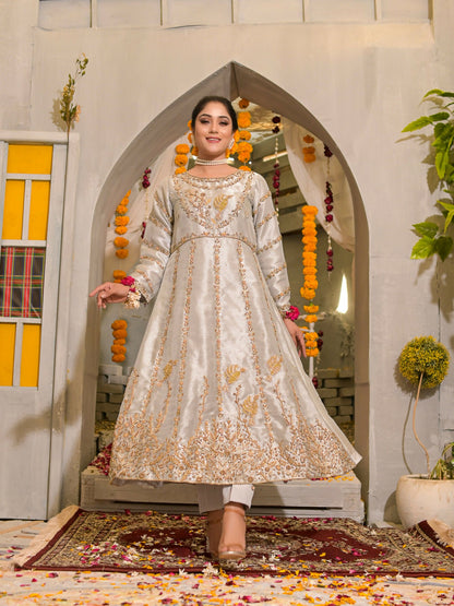 Ruby's Couture Poshak Plain Tissue Embellished Stitched 3-Piece Suit-Deewani