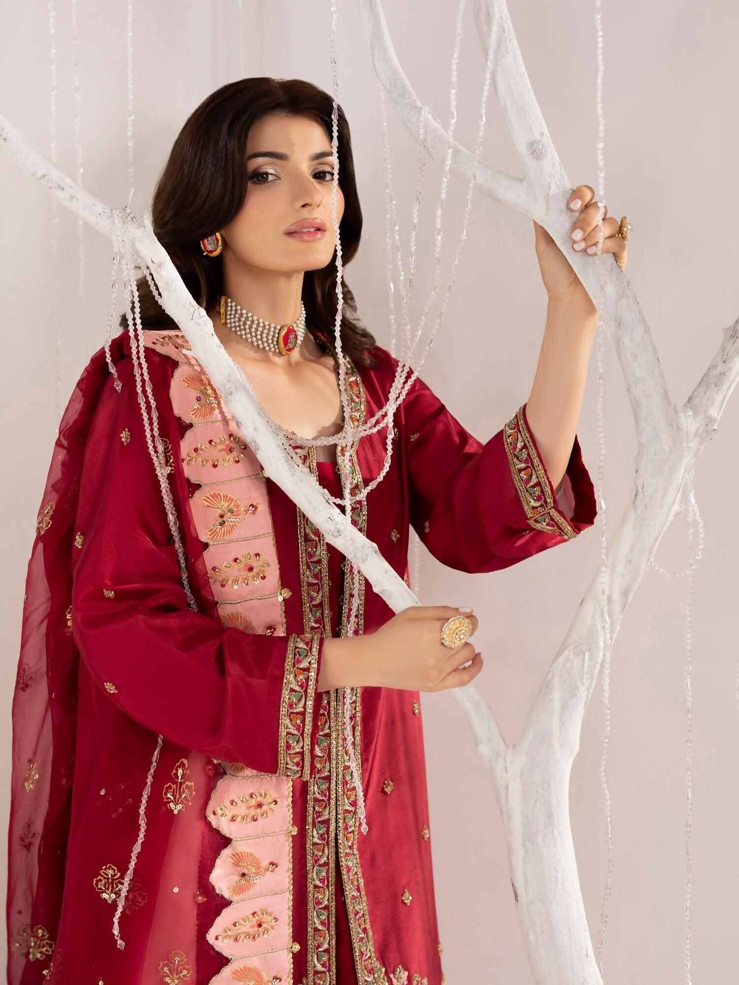 Shurooq Echoes In Bloom Raw Silk Embellished Stitched 3-Piece Suit-Scarlet Reverie