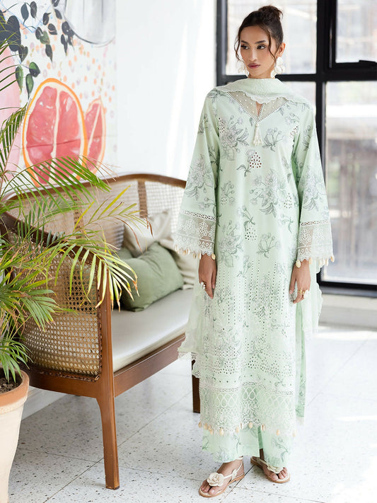 Mahnur After Hours Lawn unstitched 3-piece suit with printed and embroidered front, printed back and sleeves, embroidered borders, printed chiffon dupatta, and printed trousers.