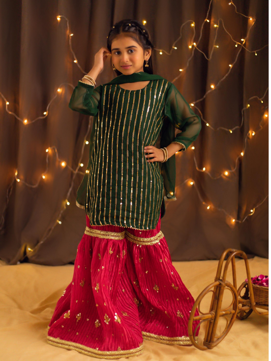 Kidoz Kloset Chiffon Embroidered Gharara-Emerald Bliss