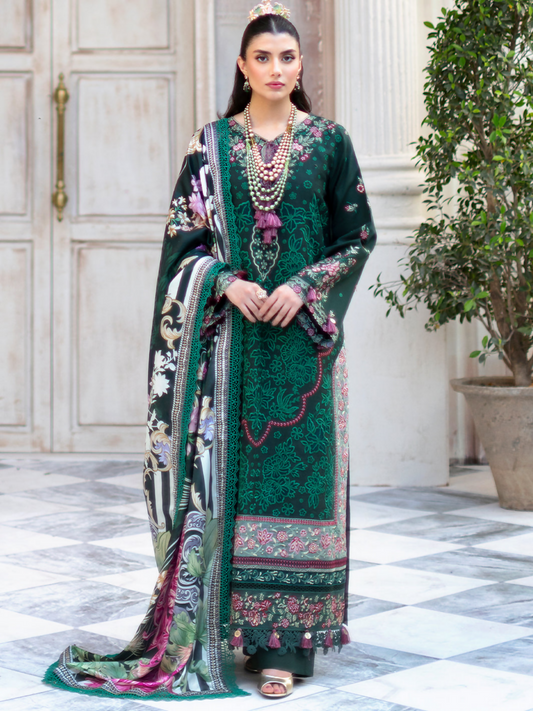 Unstitched 3-piece suit featuring a laser-embroidered front on lawn fabric, embroidered sleeves, back and extra panel, layered embroidered borders, dyed slip, vibrant silk printed dupatta, and classic dyed trouser.