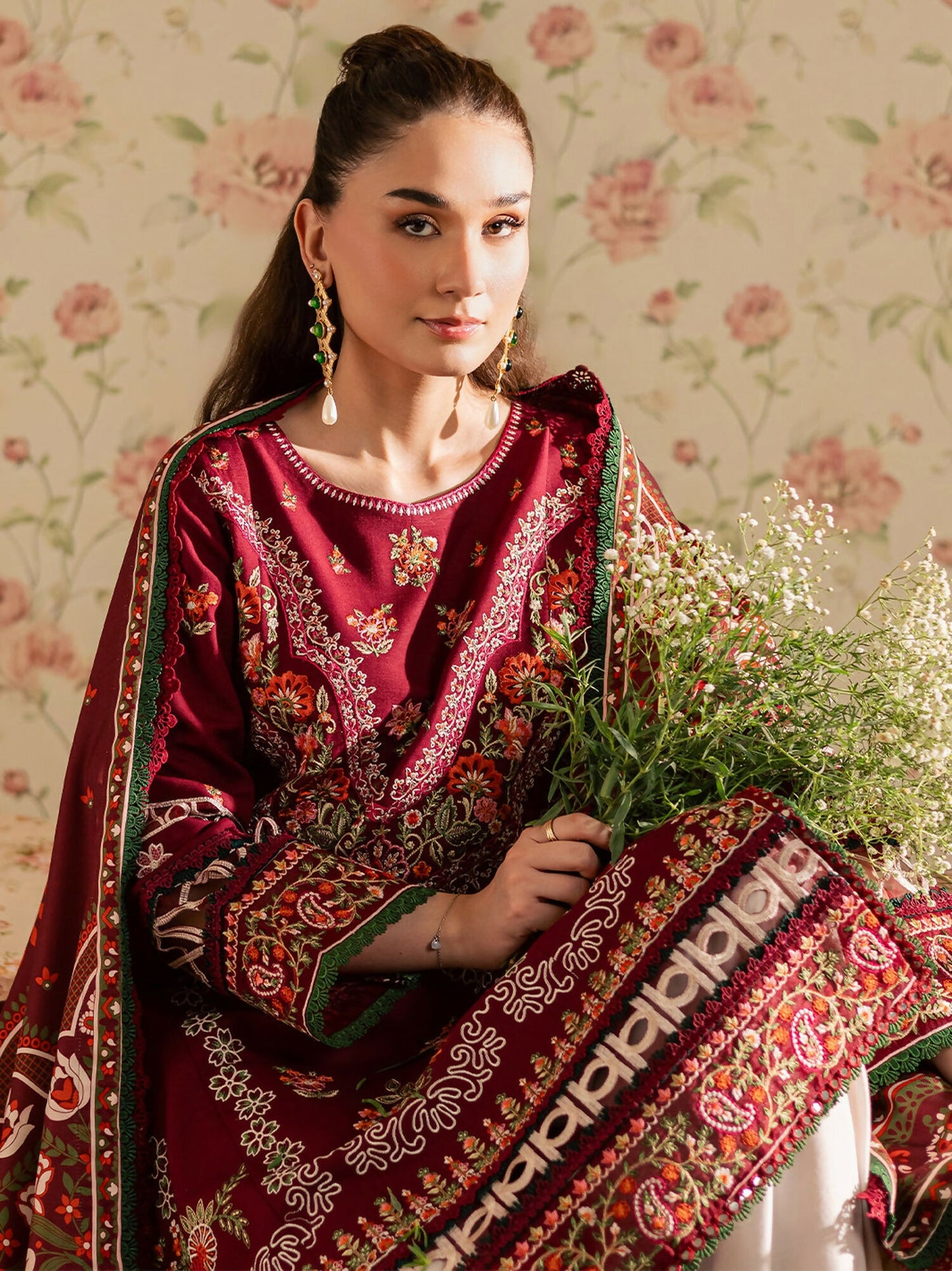 Mahnur Kaia Slub Linen Embroidered Stitched 3-Piece Suit-K- 12