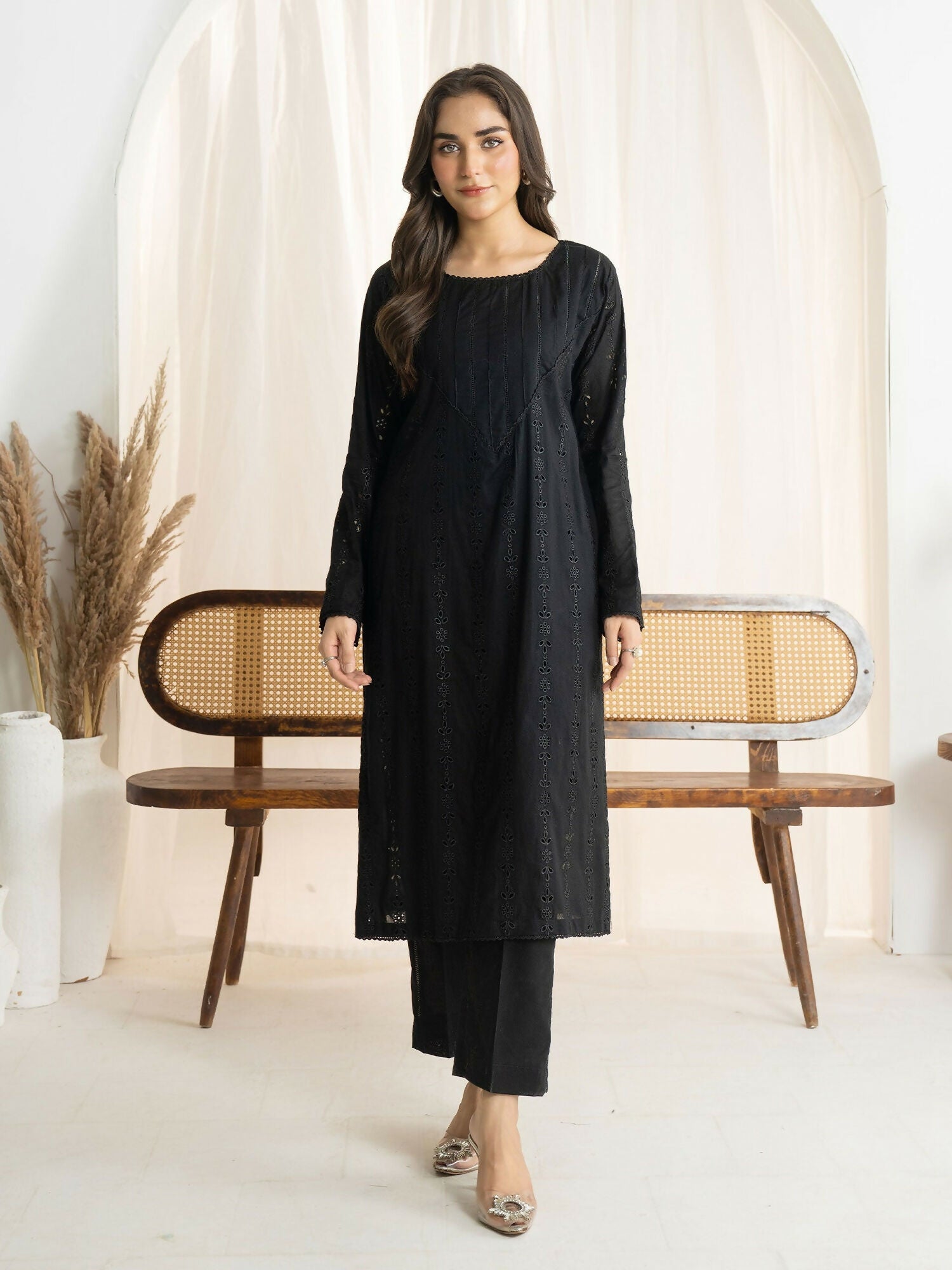 Panache Apparel Monochrome Tales Cotton Lawn Embroidered Stitched Suit-Classic Noir