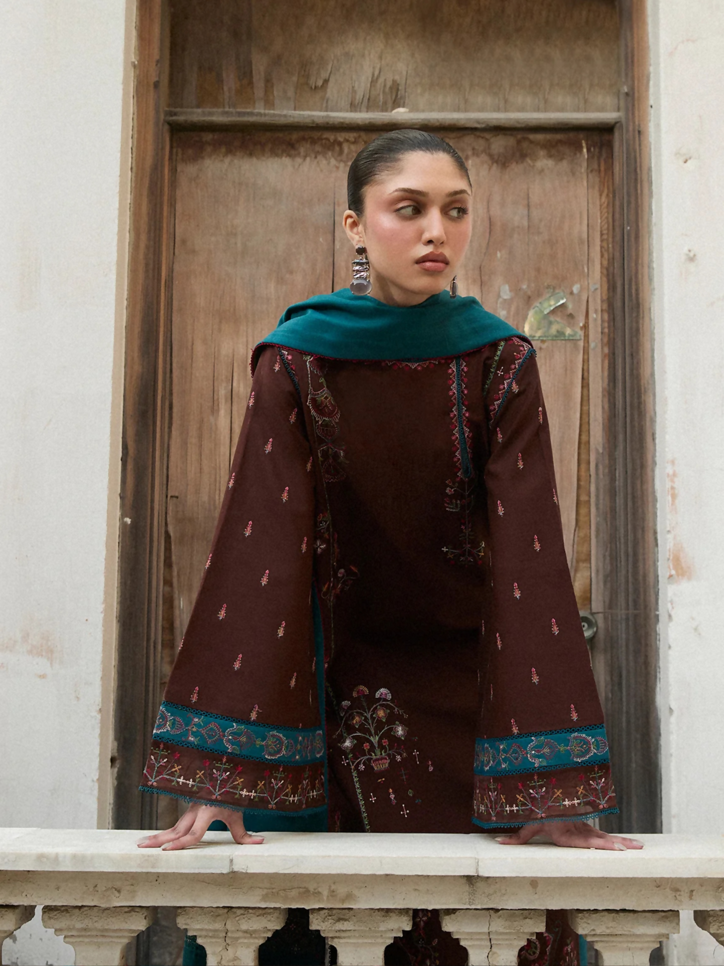 Hussain Rehar Khaddar'25 Embroidered Stitched 3-Piece Suit-Mocha