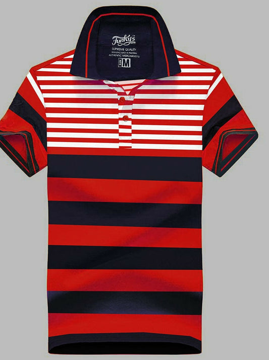 Men’s funky honey combed pique polo with cool stripe combo, special collar, three-button placket, made from 100% cotton