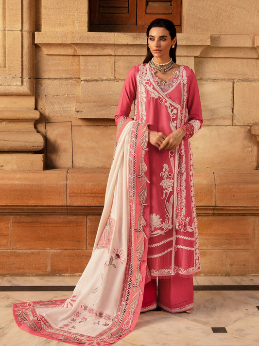 Crimson unstitched 3-piece suit with embroidered shirt, pashmina shawl, and khadar trousers.
