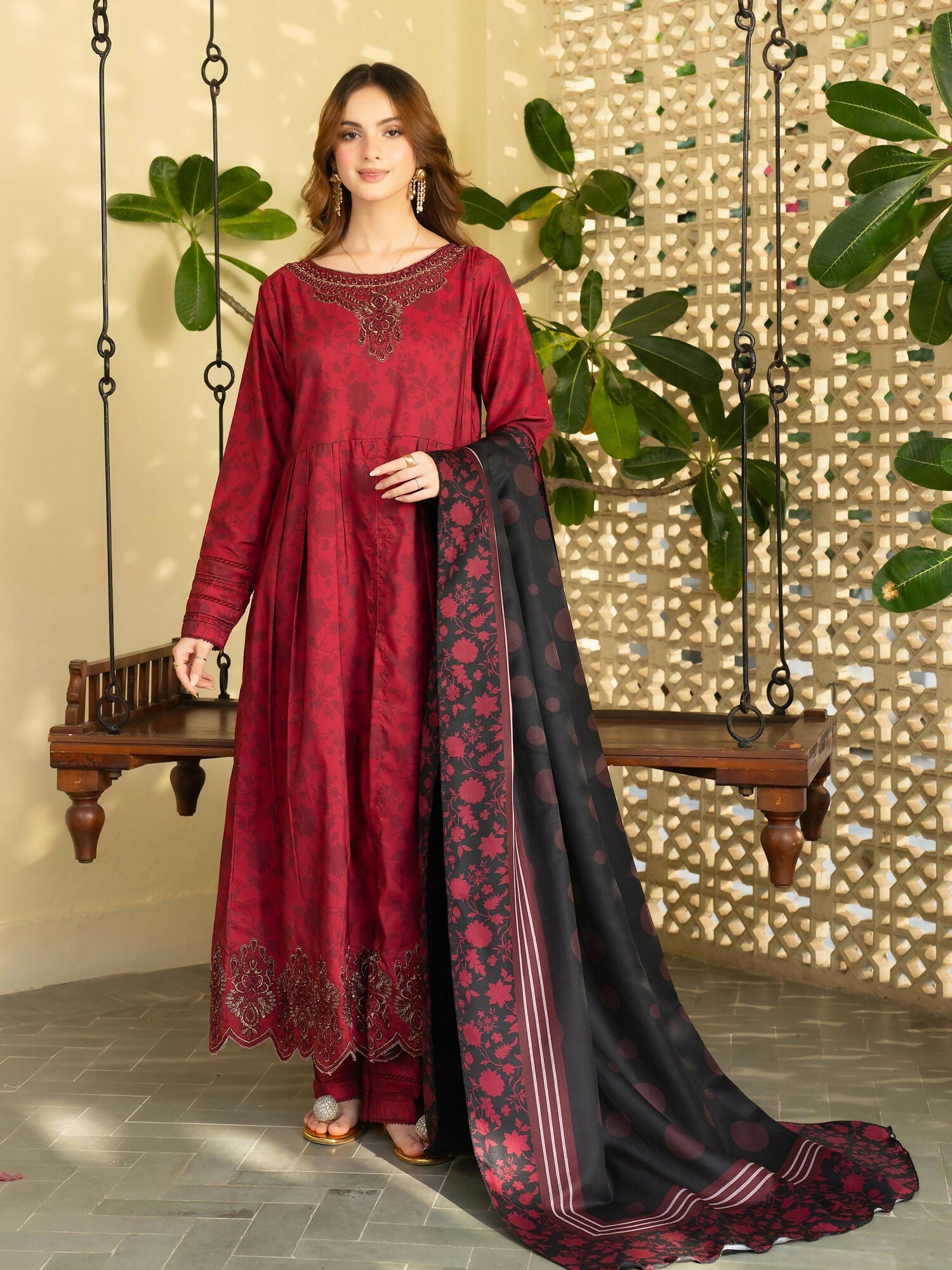 Panache Apparel Mah-e-Noor Khaddar Embroidered Stitched Suit-Merlot