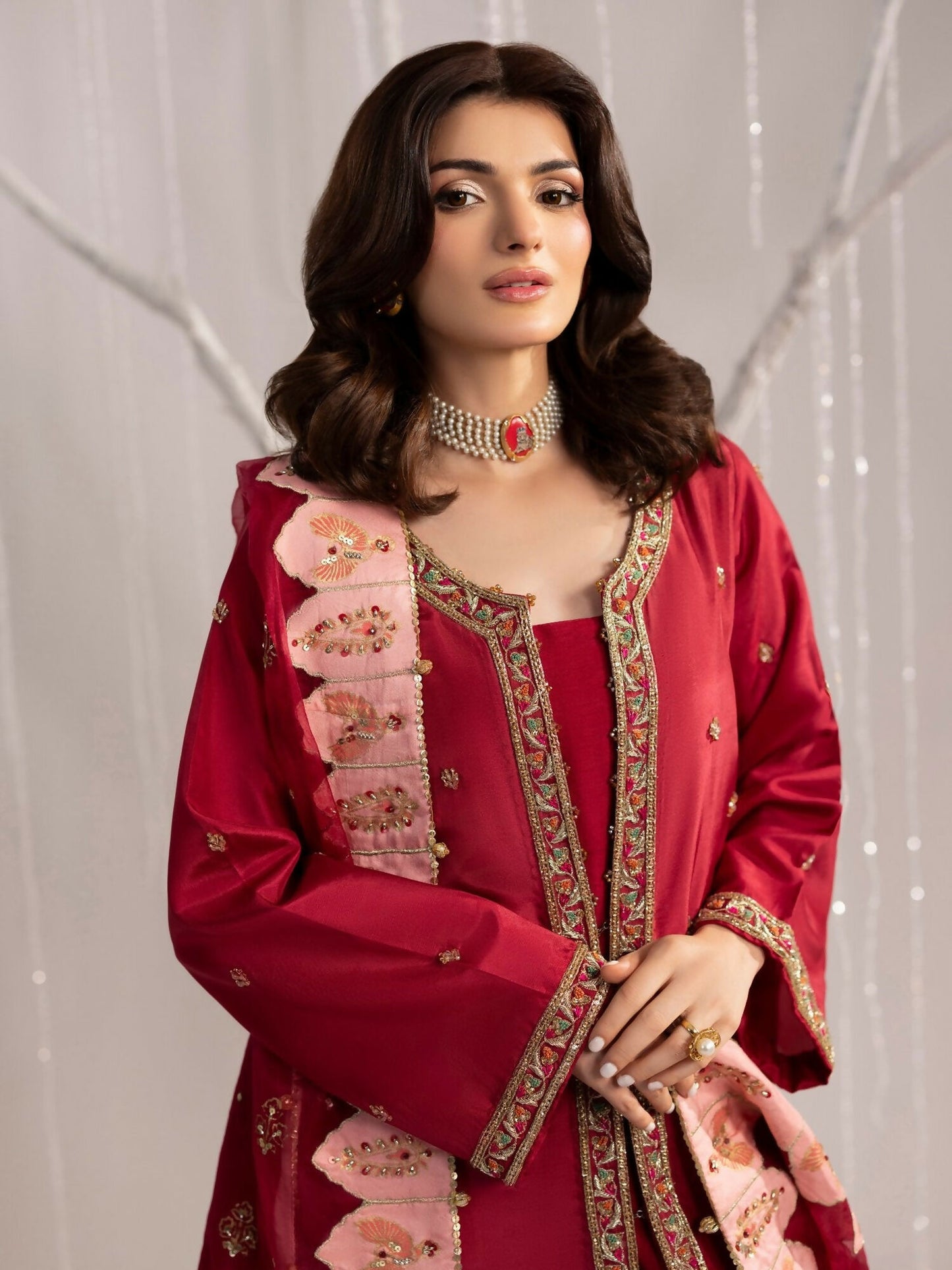 Shurooq Echoes In Bloom Raw Silk Embellished Stitched 3-Piece Suit-Scarlet Reverie